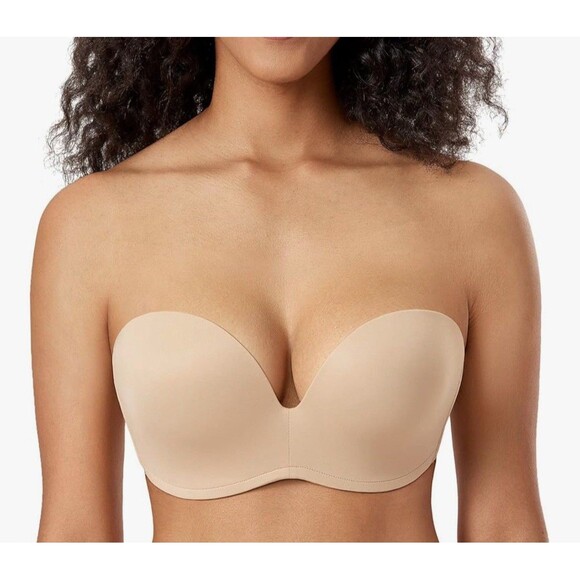 Delimira Strapless Plunge Bra 34D Beige Push Up Flex Underwire Lightly Lined NEW - Picture 1 of 9